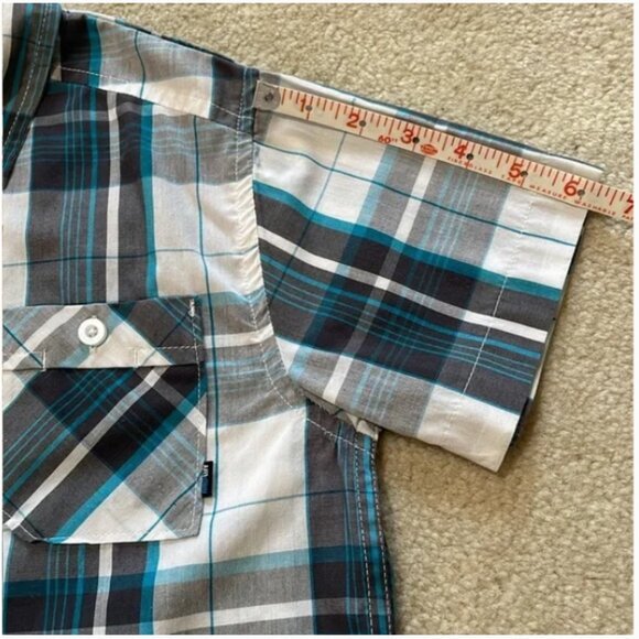 Amplify button down plaid short sleeve shirt blue turquoise white gray Small 8 - Picture 8 of 8